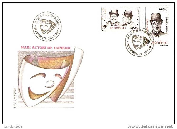 Romania 1999 Fdc/ Ch. Chaplin, Stan And Bran, And Romanians Birlic, Caragiu And Tanase/ Set X 2 Fdc - Actores