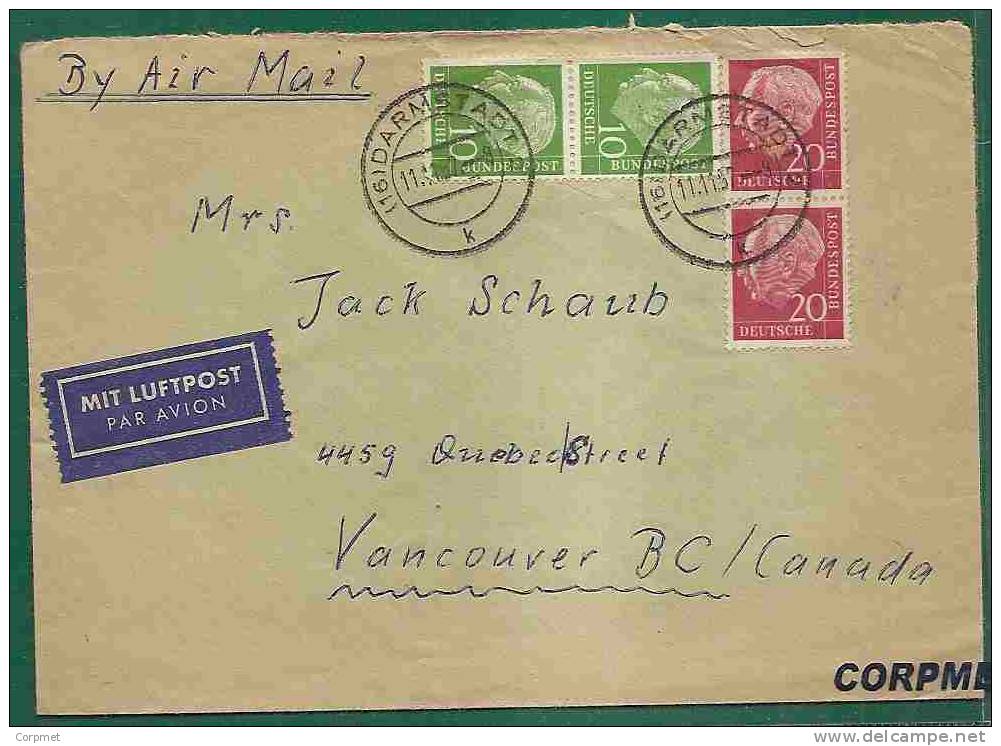 GERMANY - VF 1957 COVER DARMSTADT To VANCOUVER Tied By 4 THEDORE HEUSS Stamps - 10 (x2) And  20 (x2) Horizontal Pairs - Storia Postale