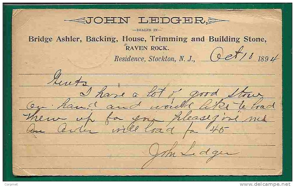 USA - 1894 POSTCAL CARD ONE CENT ENTIRE - STOCKTON To MERCHANTIVILLE Advert JOHN LEDGER - Covers & Documents