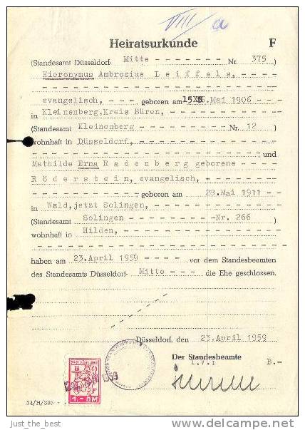 German Certificate Düsseldorf 1959 Local Revenue Heiratsurkunde Mit Gebührenmarke Stempelmarke Timbre Fiscal - Covers & Documents