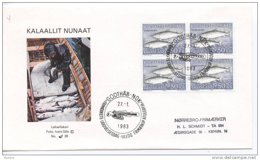 Greenland FDC Block Of 4 High Value Salmon With Cachet 27-1-1983 Sent To Denmark - FDC