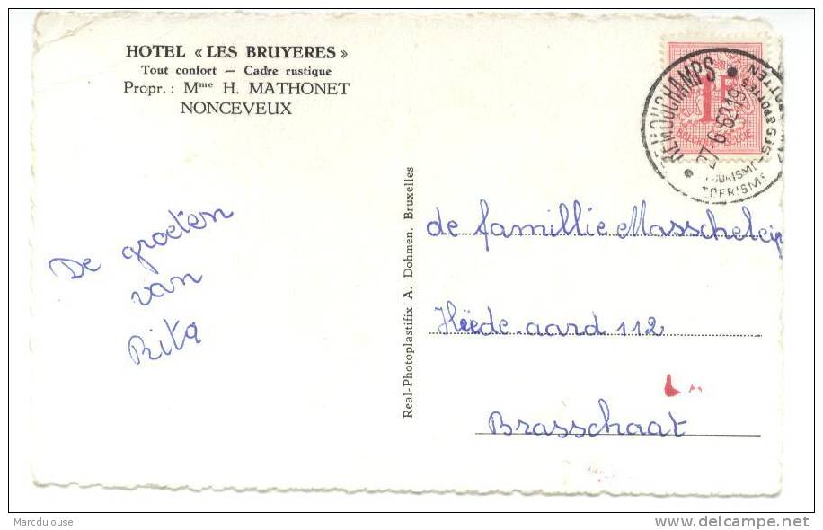 Nonceveux (Aywaille).  Fond Des Quarreux. Verso, Publicité Hôtel "Les Bruyères", Propr. Mme H. Mathonet. Cadre Rustique. - Aywaille