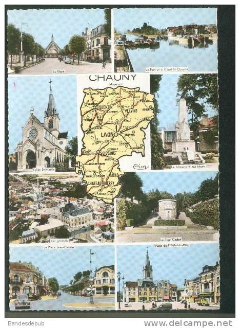 CPSM - Chauny (02) - Multivues Et Carte Département Aisne ( Automobile Peugeot 203 ... COMBIER CIM CD) - Chauny