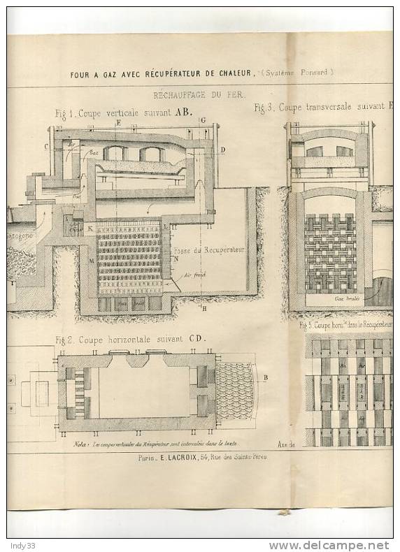 - METALLURGIE . FOUR A GAZ AVEC RECUPERATEUR DE CHALEUR . GRAVURE DE L´EXPOSITION DE PARIS DE 1878 - Other & Unclassified