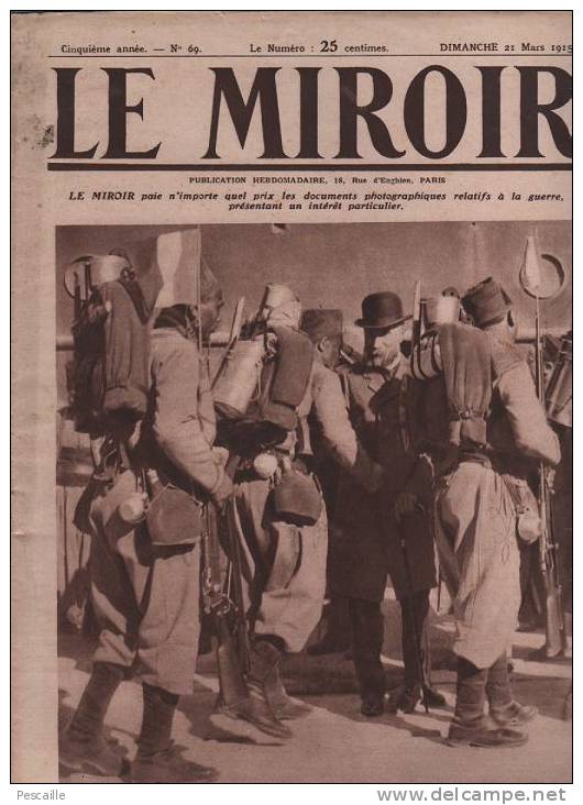 69 LE MIROIR 21 MARS 1915 - AUTOBUS - CLERMONT EN ARGONNE - SOISSONS - MALINES - RETHEL - INFIRMIERES - BOESINGHE - Informations Générales