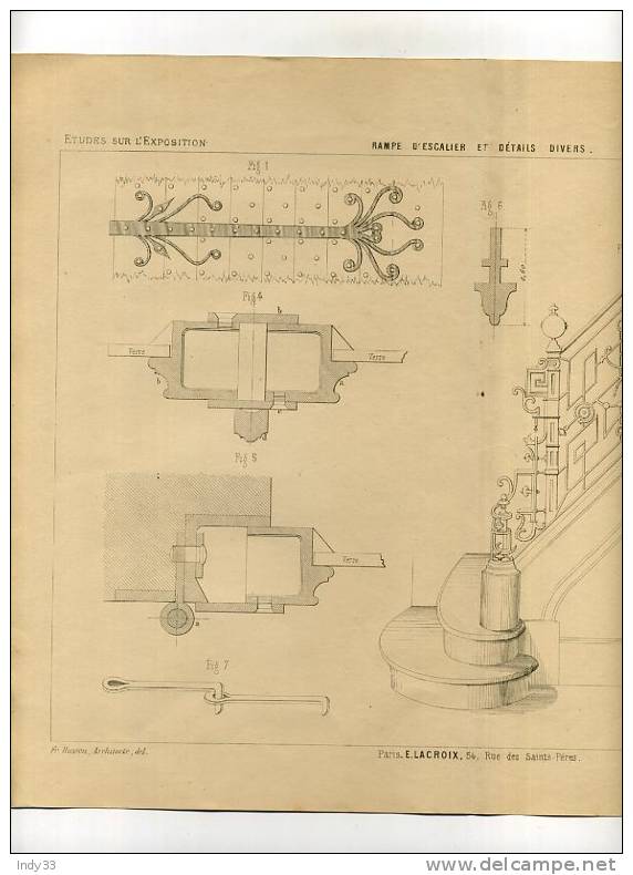 - SERRURERIE . RAMPE D´ESCALIER ET DETAILS DIVERS . GRAVURE DE L´EXPOSITION DE PARIS DE 1878 - Ferronnerie