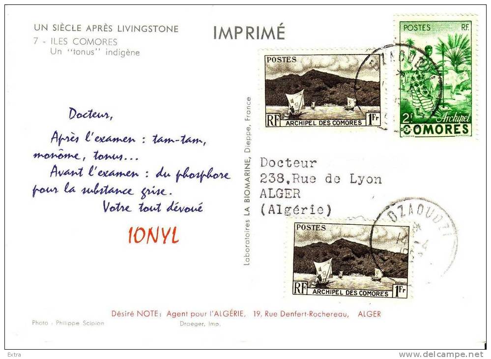 Carte Postale Avec Publicité Pour Les Laboratoires La BIOMARINE IONYL, Un Tonus Indigène. - Komoren