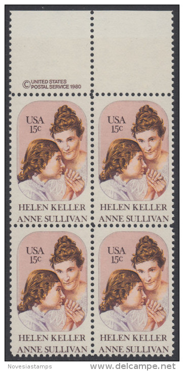 !a! USA Sc# 1824 MNH BLOCK W/ Top Margins & Copyright Symbol (a1) - Helen Keller - Unused Stamps