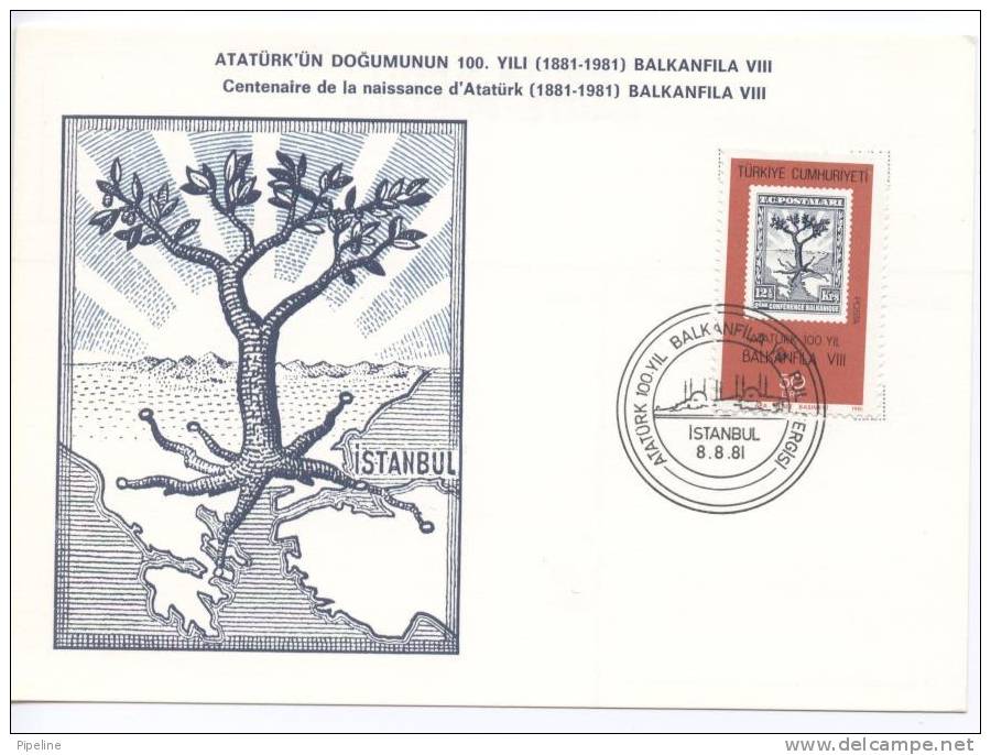 Turkey Card With 1 Stamp From Minisheet Balkanfila VIII Ustanbul 8-8-1981 With Cachet - Covers & Documents