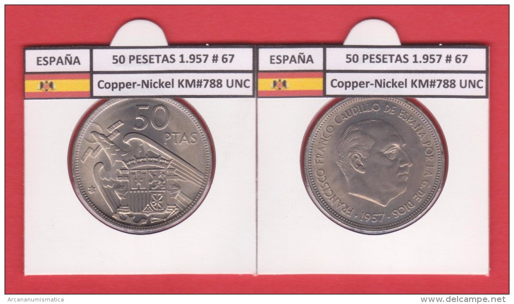 FRANCO ESTADO ESPAÑOL 50 PESETAS 1957 # 67 Km#788 Cu-Ni SC/UNC       T-DL-1934 - 50 Peseta