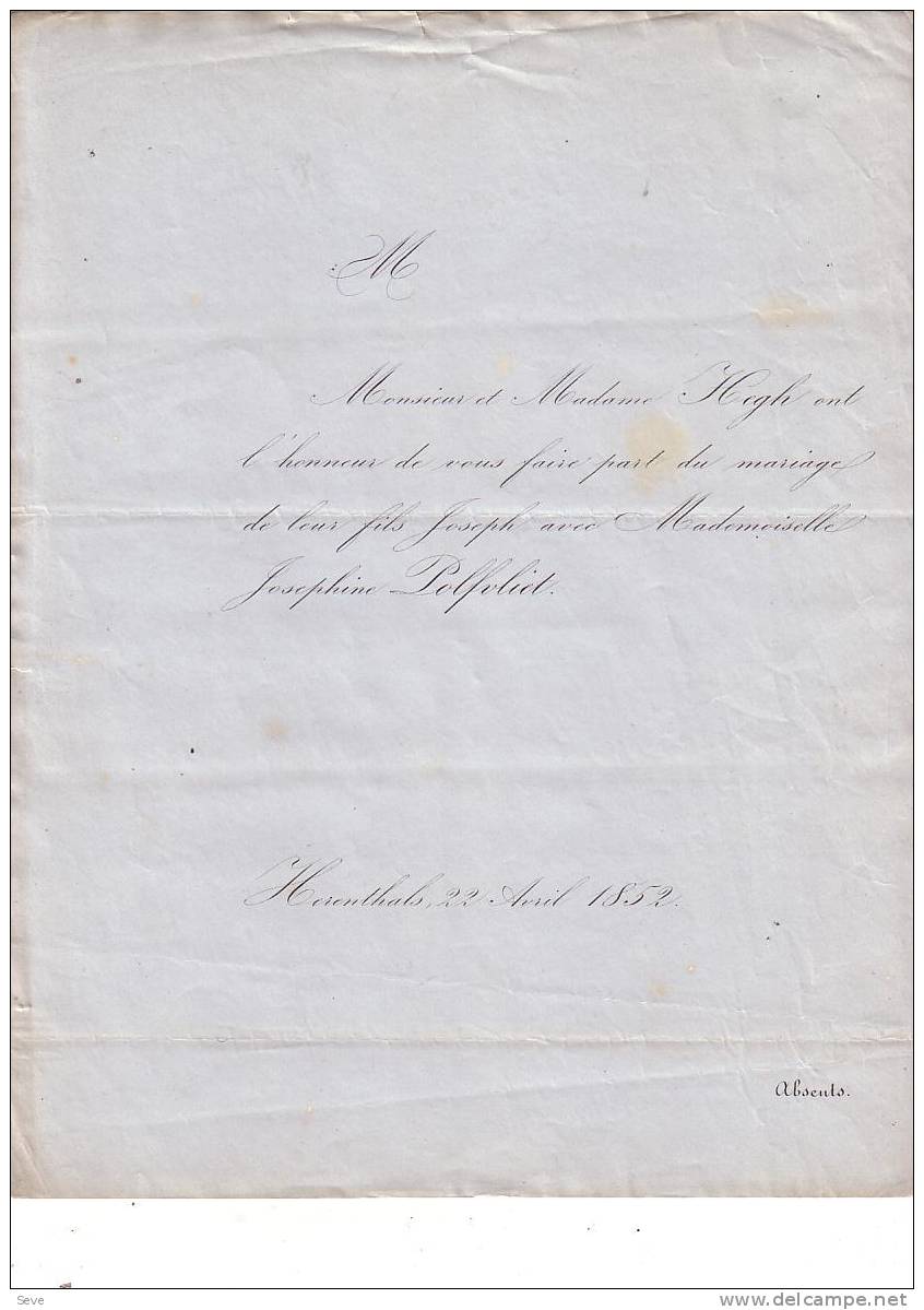 HERENTALS Faire-part Mariage HEGH Et POLFVLIET 1852 (1 Pièce) - Other & Unclassified