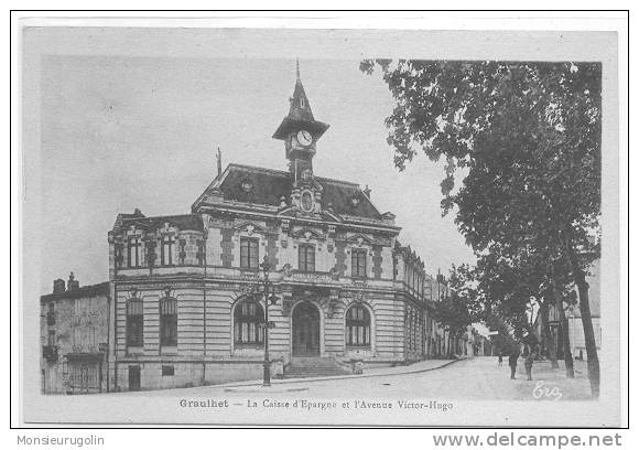 81 )FL) GRAUHLET, La Caisse D'Epargne Et L'avenue Victor Hugo (carte Bistre Bords Blancs) (thème BANQUE) ERA - Graulhet