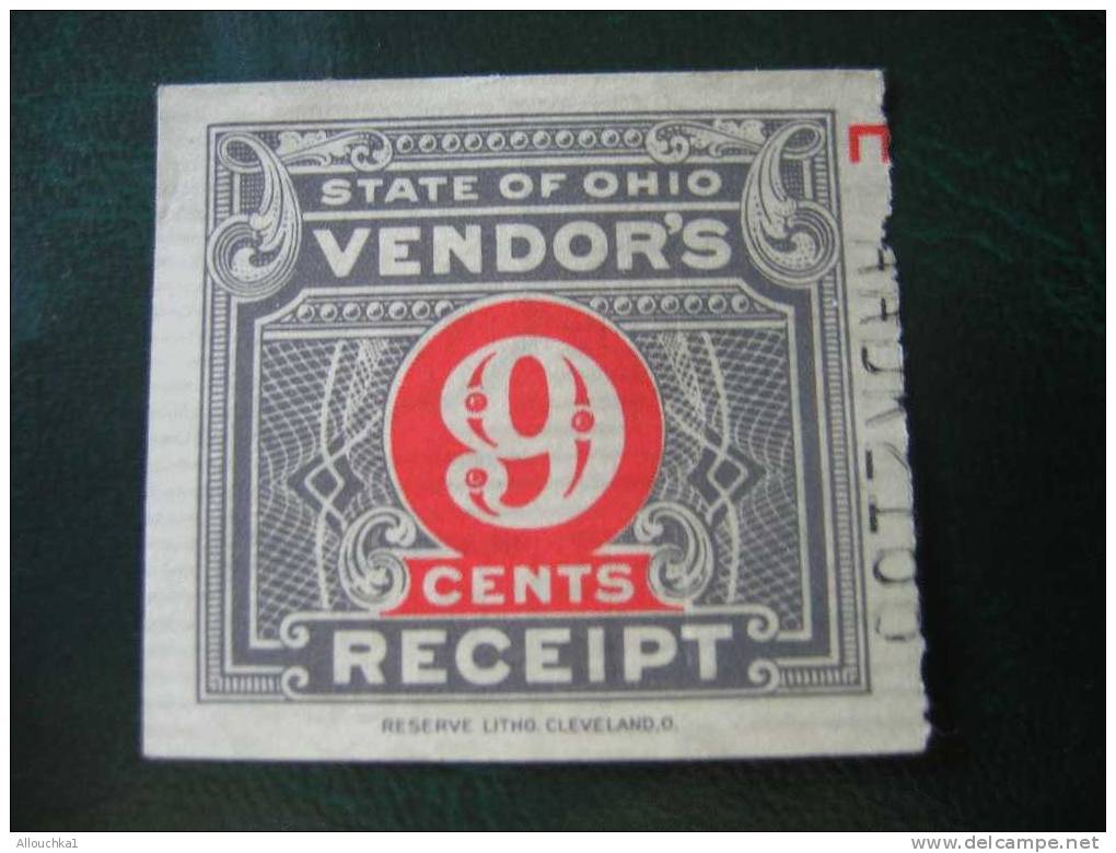 ERINOPHILIE/ VIGNETTE/ LABEL /AUFKLEBER/ ETICHETTE/ETIQUETA * FISCAL USA STATE OF OHIO VENDOR'S 9CT RECEIPTS (CLEVELAND - Fiscaux