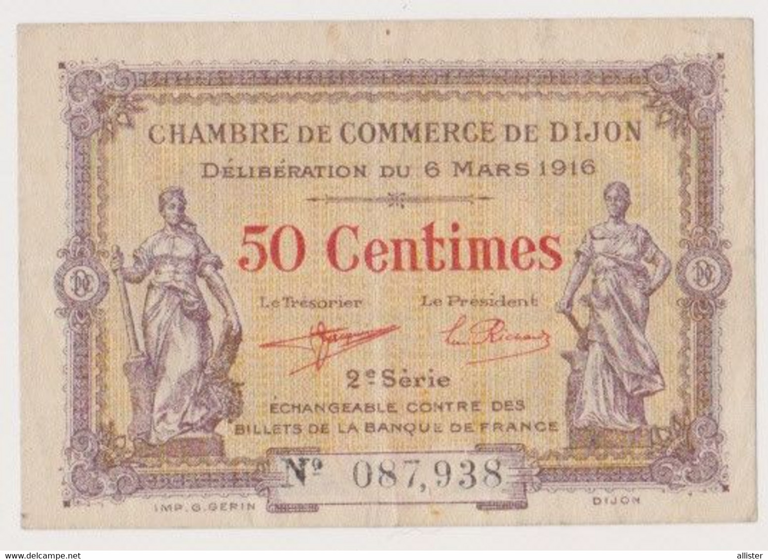 Billet Chambre De Commerce De Dijon 50 Centimes ( Bon état , Léger Pli ) {S37-22} - Camera Di Commercio