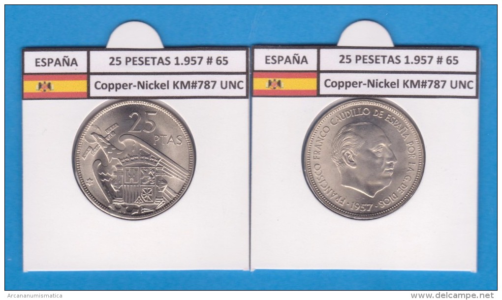 FRANCO ESTADO ESPAÑOL 25 PESETAS 1957 # 65 Km#787 Cu-Ni SC/UNC       T-DL-1975 - 50 Pesetas