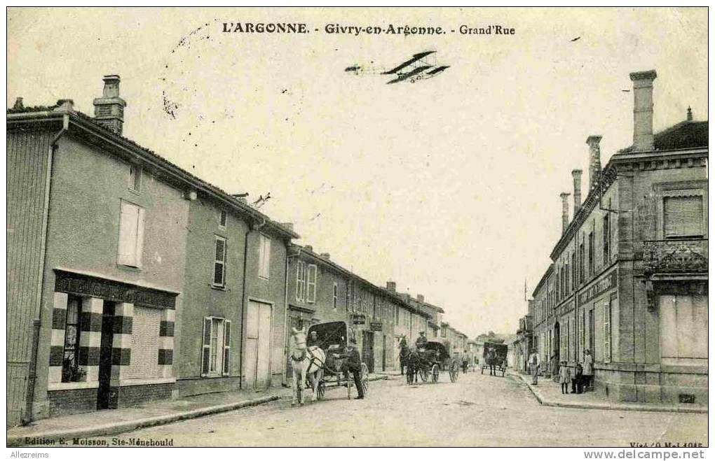 CPA 51 : GIVRY EN ARGONNE Grande Rue Avec Attelages Et Avion    A VOIR  !!!!! - Givry En Argonne