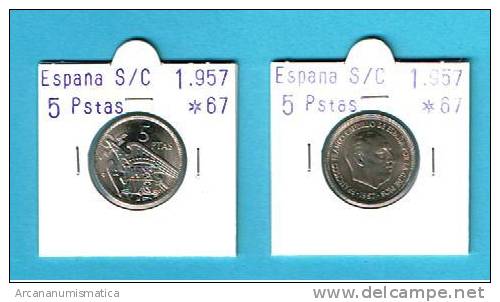 FRANCO ESTADO ESPAÑOL  5  PESETAS 1957 # 67 Km#786  Cu-Ni SC/UNC       DL-2011 - 5 Pesetas