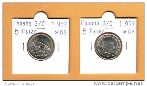 FRANCO ESTADO ESPAÑOL  5  PESETAS 1957 # 68   Km#786  Cu-Ni SC/UNC       DL-2067 - 5 Pesetas