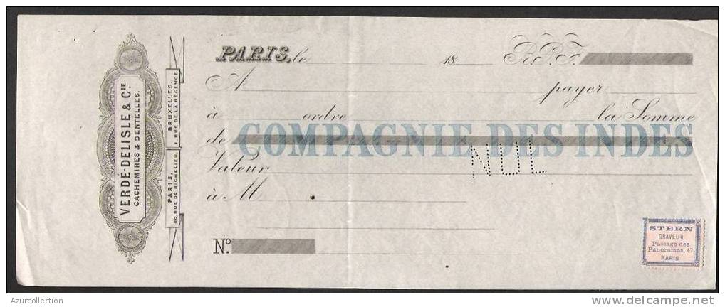 CHEQUE COMPAGNIE DES INDES.  SPECIMEN IMPRIMERIE STERN - Letras De Cambio