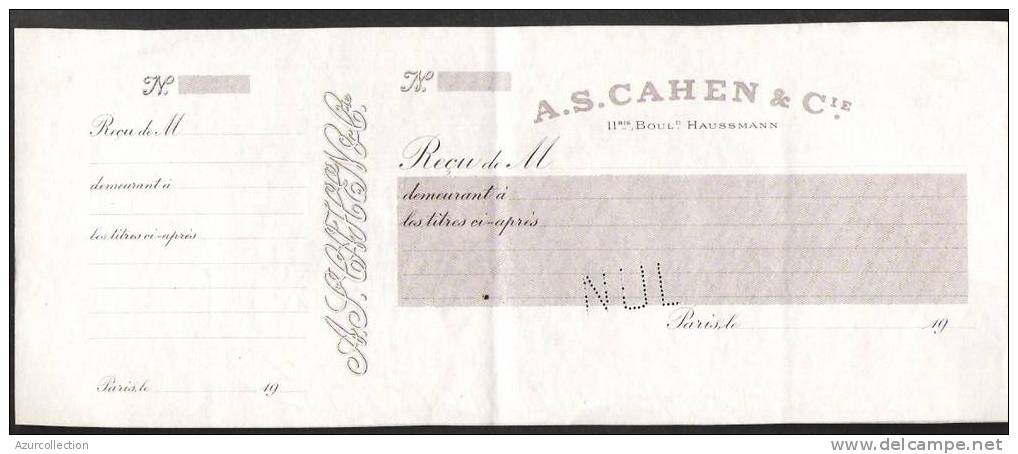 CHEQUE A.S CAHEN .  SPECIMEN IMPRIMERIE STERN - Bills Of Exchange