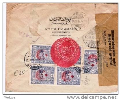 Tur006/ Stamboul 1917, Roter Halbmond Auf Postgebäude (5 X) Nach Berlin, Einschreiben  Mit Zensur V. Deutschland - Lettres & Documents