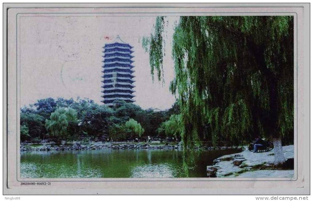 Lake Side Book Reading,Bicycle,China 2002 Beijing PKUITS Tourism Agency Advertising Pre-stamped Card - Vélo