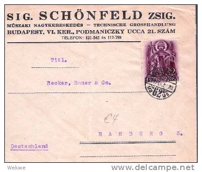 Ung052/- UNGARN - Hl. Stephan 1938 Auf Geschäftsbrief Ex Budapest  N. Hamburg - Lettres & Documents