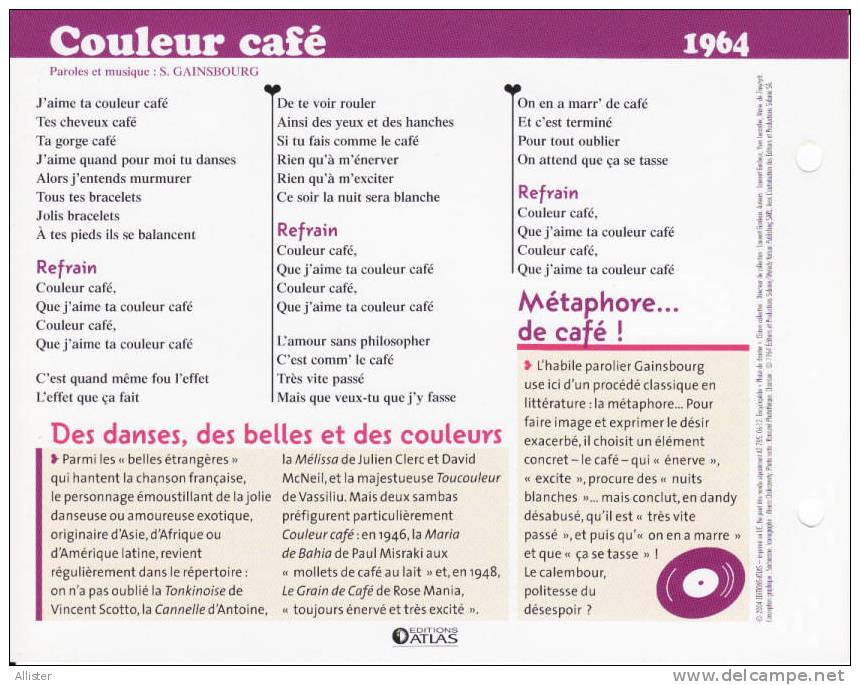 Fiche Chanson : Serge GAINSBOURG _ Couleur Café . - Photos