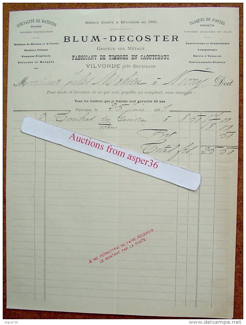 Factuur "Fabricant De Timbres En Caoutchouc, Blum-Decoster, Vilvoorde 1891" - 1800 – 1899