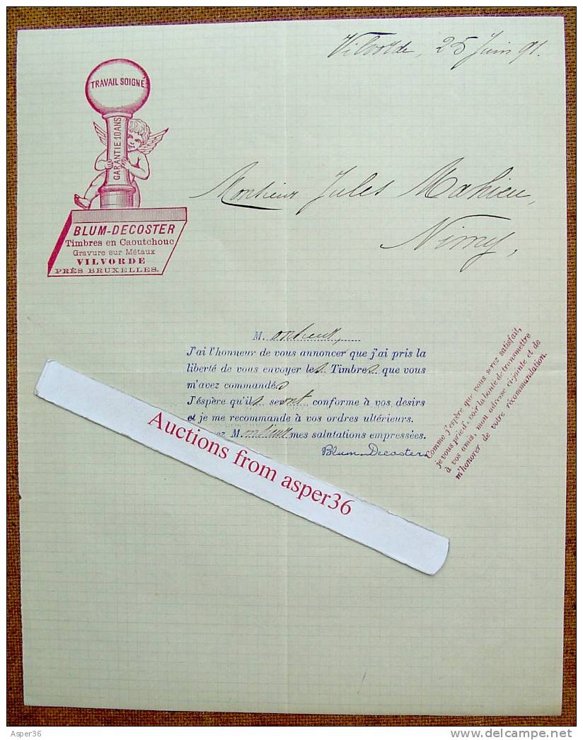 Brief "Timbres En Caoutchouc, Blum-Decoster, Vilvoorde 1891" - 1800 – 1899