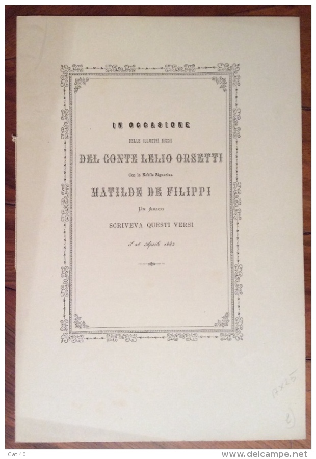 1885-LUCCA-NOZZE DEL CONTE LELIO ORSETTI CON MATILDE DE FILIPPI-VERSI DI UN AMICO - Mariage