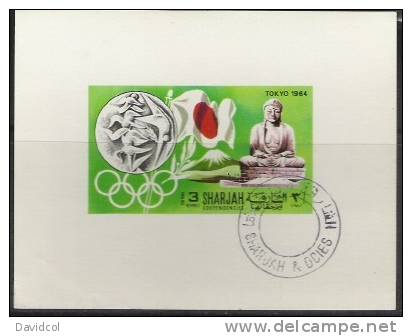 Q364.-.SHARJAH - IMPERFORATE SHEET .- SPORTS : OLYMPICS TOKIO`64. F. D. CANCEL SHEET. ALSO JAPAN FLAG - Summer 1964: Tokyo