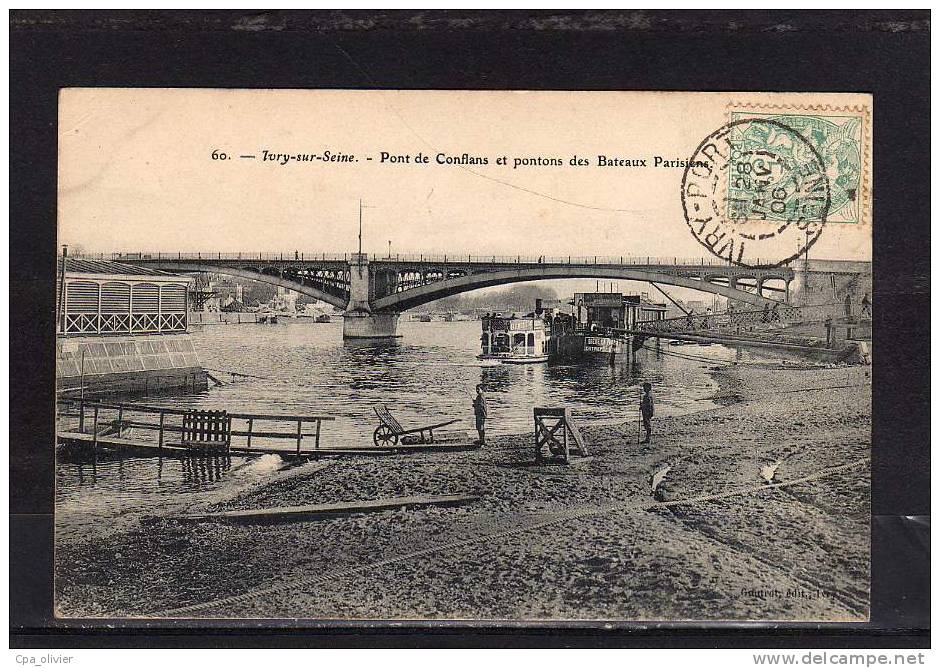 94 IVRY SUR SEINE Pont De Conflans, Pontons Des Bateaux Parisiens, Animée, Ed Gautrot 60, 1906 - Ivry Sur Seine