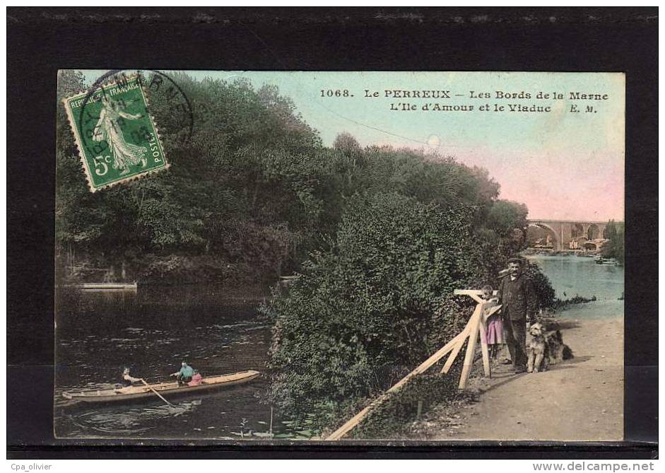 94 LE PERREUX Bords De Marne, Ile D´Amour, Viaduc, Animée, Colorisée, Ed EM 1068, 1908 - Le Perreux Sur Marne