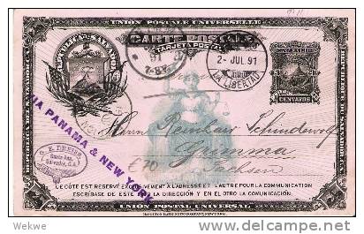 Sal031/ EL SALVADOR - Zierkarte P 11, Nach Sachsen 1891, La Libertad. Vulkan/Sonne - El Salvador