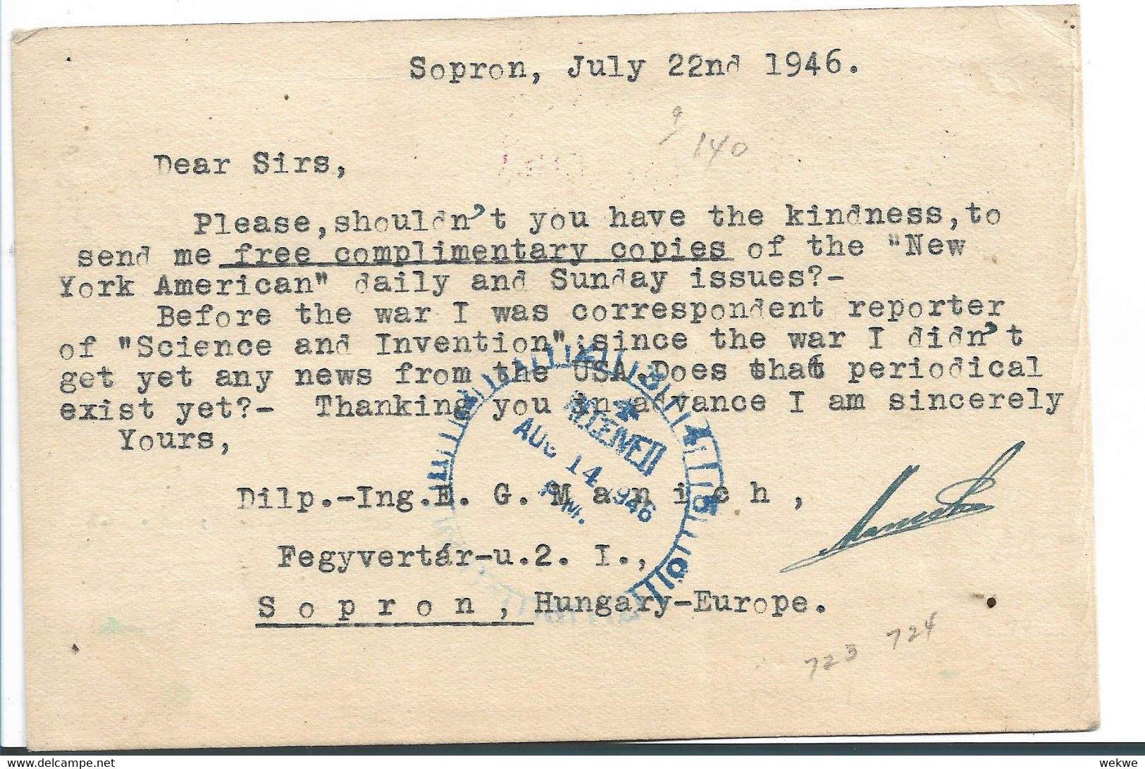 Ung258a/- UNGARN - Republik-Gründung + Barfrankierung, Sopron 1946 - Briefe U. Dokumente