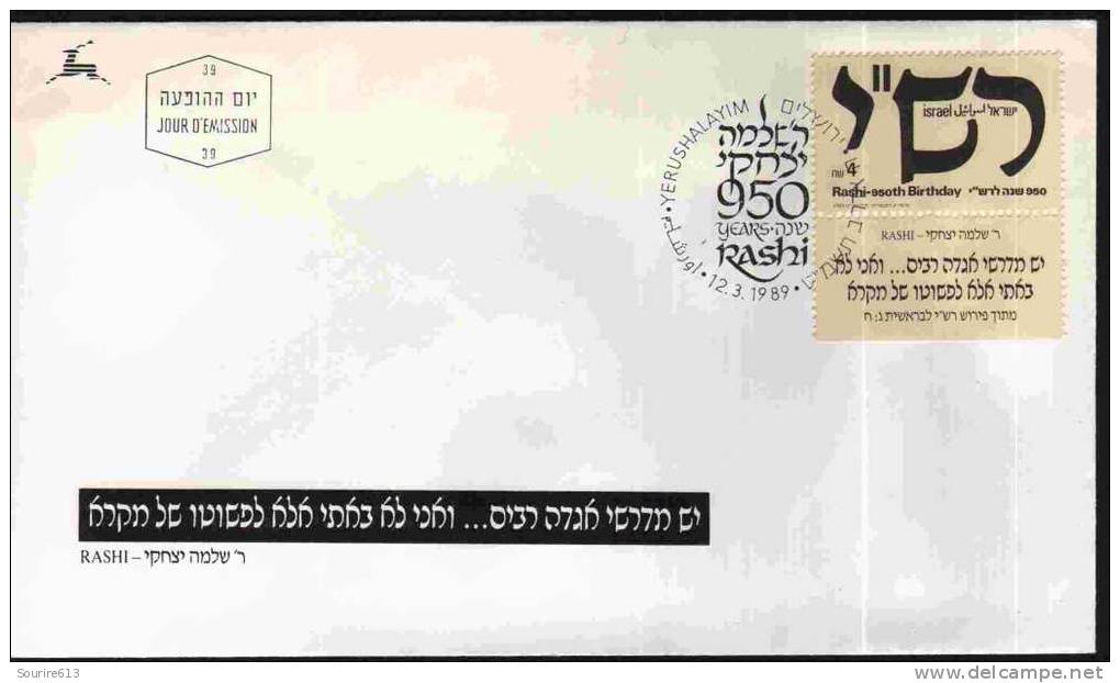 Fdc Israël 1989 Judaisme Rashi Rabbi Solomon Ben Isaac 1039 Commentateur Talmude - Judaisme