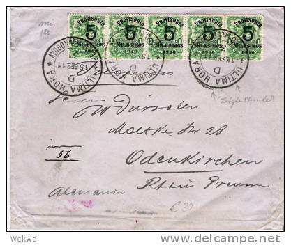 Uru001/ Urugay, Brief  M. 5-er Streifen, Überdruckprovisorium 1910 Nach Odenkirchen, Deutschl. - Uruguay