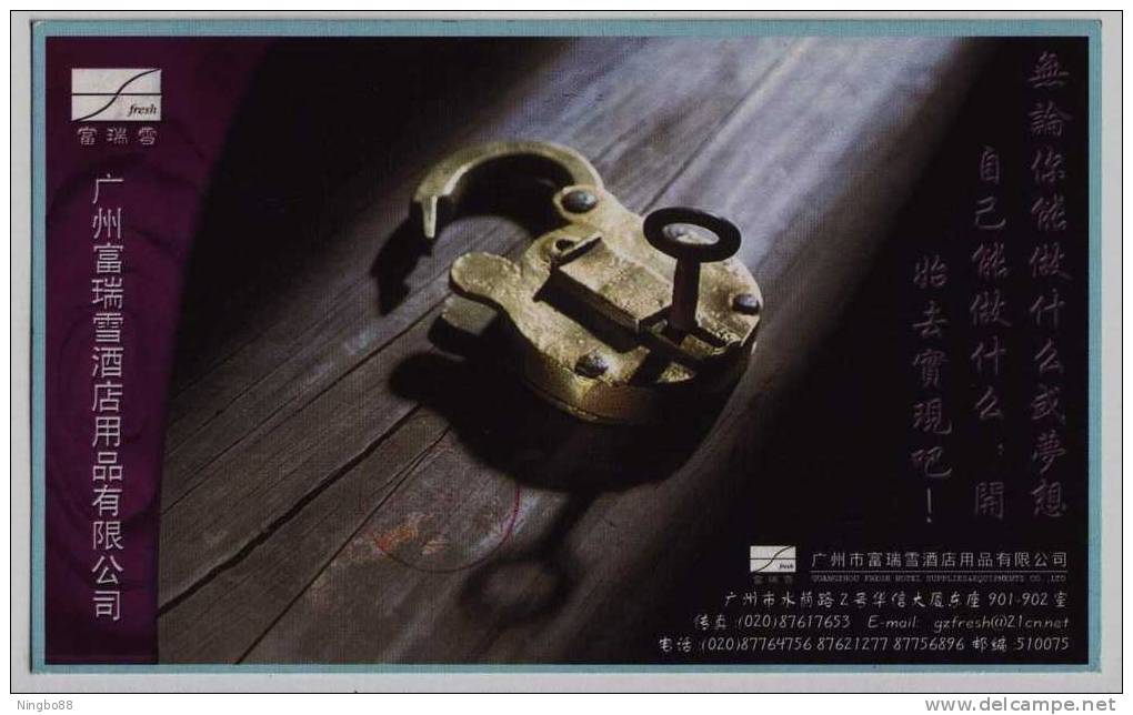 Archaic Door Lock,China 1999 Guangzhou FRESH Hotel Supplies & Equipment Company Advertising Pre-stamped Card - Hotels, Restaurants & Cafés