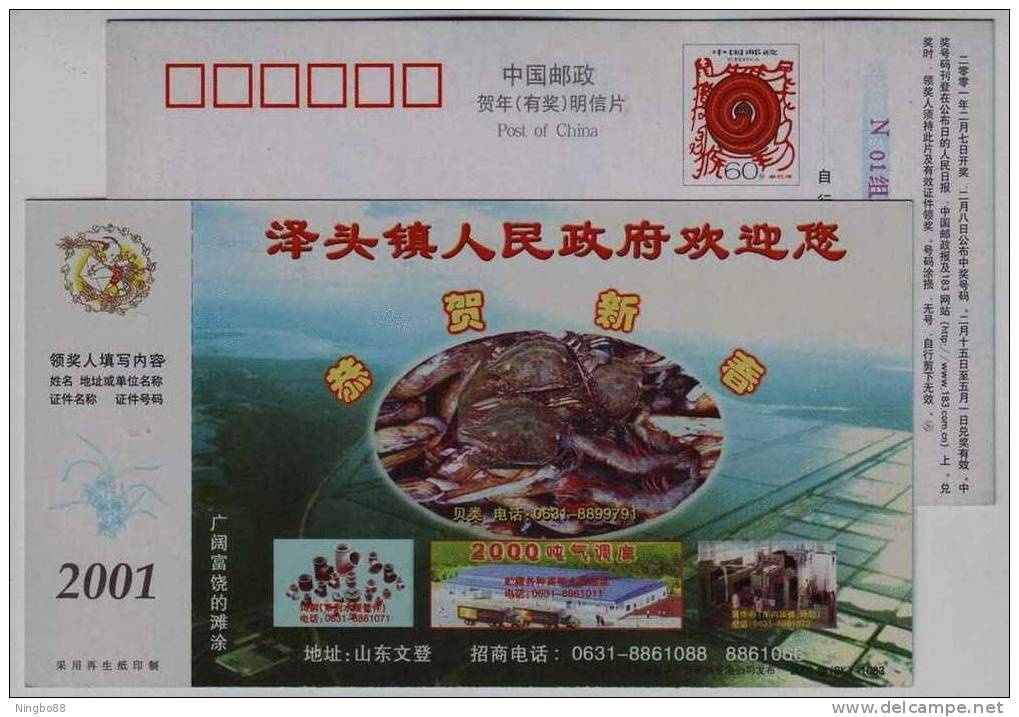 Crab,shrimp,clammed Shell,refrigeratory,China 2001 Zetou Town New Year Greeting Pre-stamped Card - Coneshells