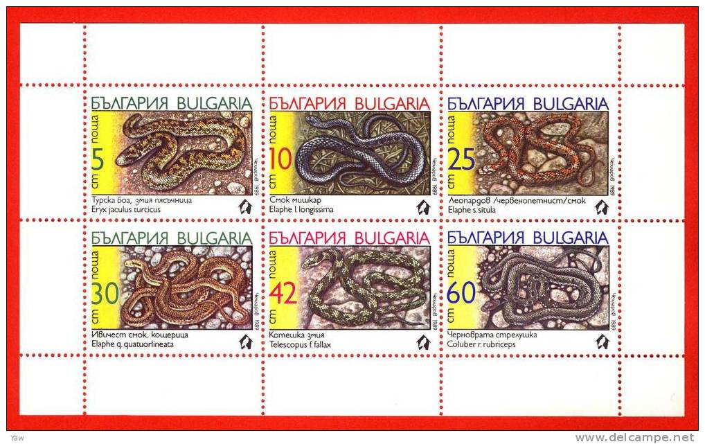 BULGARIA 1989 FAUNA, SERPENTI: 6 VARIETA´. MINIFOGLIO  MNH**.  YT 3268/3273 - Serpents