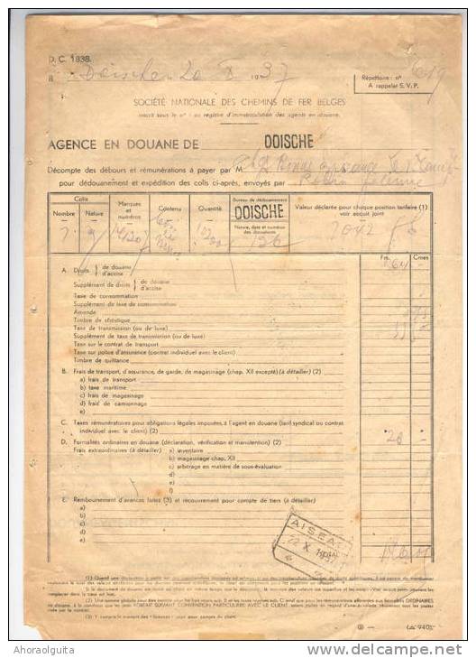 Document Agence En Douane SNCB Griffe Linéaire De DOISCHE (Ligne De CHIMAY) En 1937 --  7/282 - Andere & Zonder Classificatie