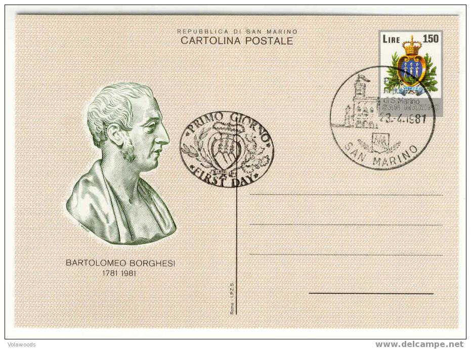 San Marino - Cartolina Postale Personaggi: Bartolomeo Borghesi Fdc - Entiers Postaux