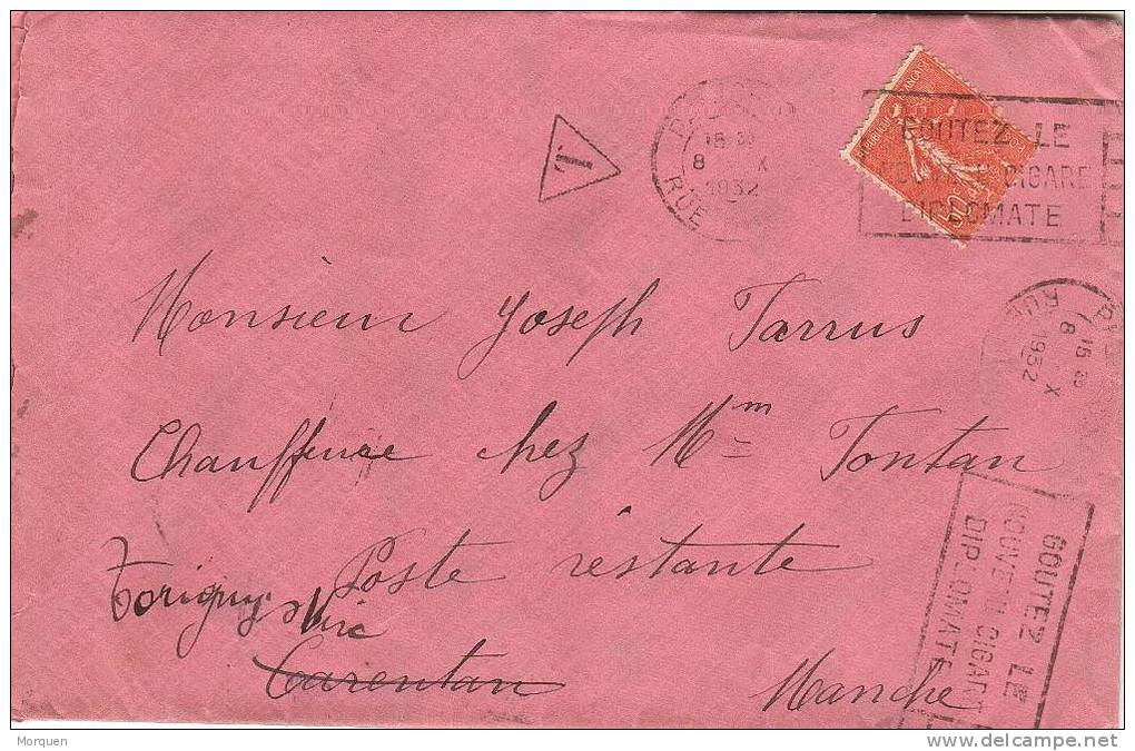 Carta PARIS A CARENTAN 1932  Tasada Y Reexpedida - 1903-60 Semeuse Lignée