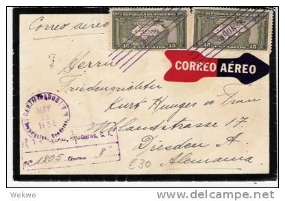 Ho018/  HONDURAS -  Brief - Flugpostmarken Mit Landkarte 1935 Nach Dresden - Honduras