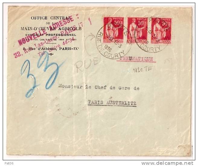 SERVICE Pneumatique PARIS  - Bureau N°2  Rue De  COURTY - 1932-39 Paz
