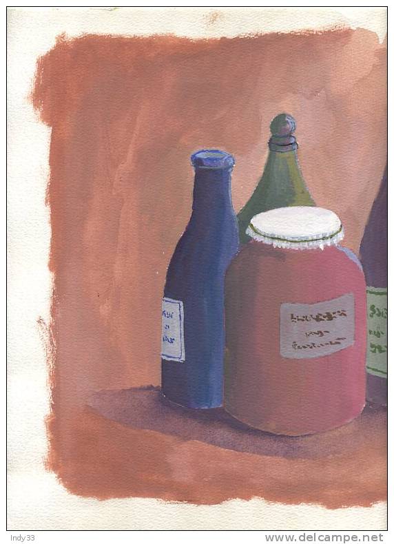 - BOUTEILLES ET POT DE CONFITURES . GOUACHE NON SIGNEE - Waterverf