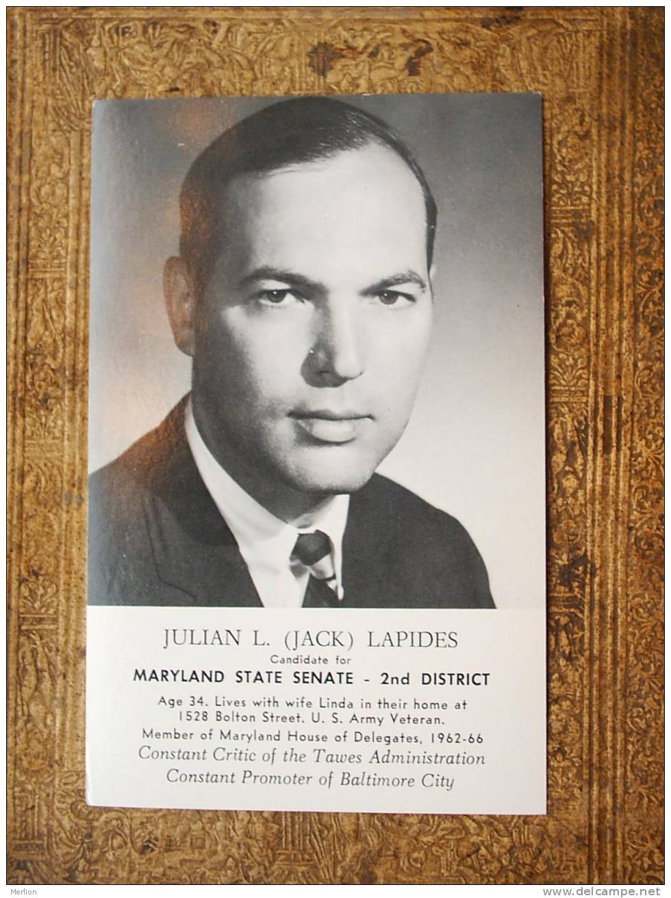 Julian L.Lapides , Maryland State Senate  - Cca 1960´s  VF    D12986 - Parteien & Wahlen
