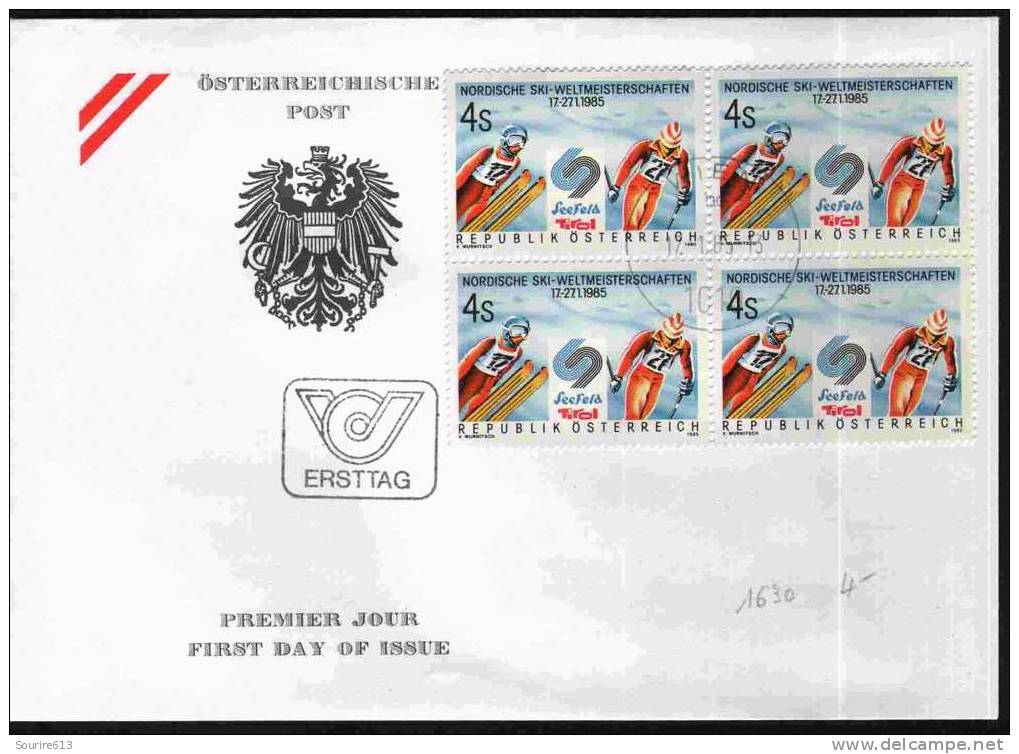 Fdc Autriche 1985 Sports Hiver Bloc 4 Ski Nordique Saut & Fond Seefeld - Invierno