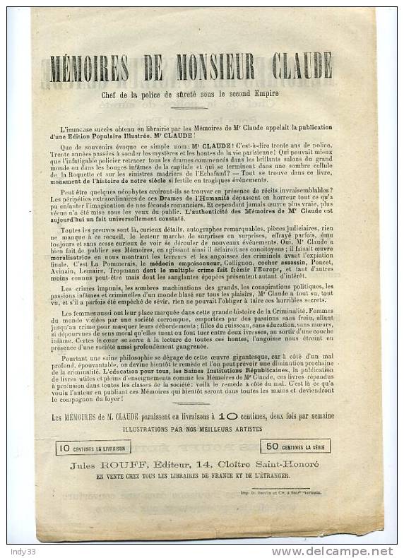 - PORTRAIT DE Mr CLAUDE . CHEF DE LA POLICE DE SURETE  . GRAVURE SUR BOIS DU XIXe S. SUR UN PROSPECTUS PUBLICITAIRE - Police & Gendarmerie